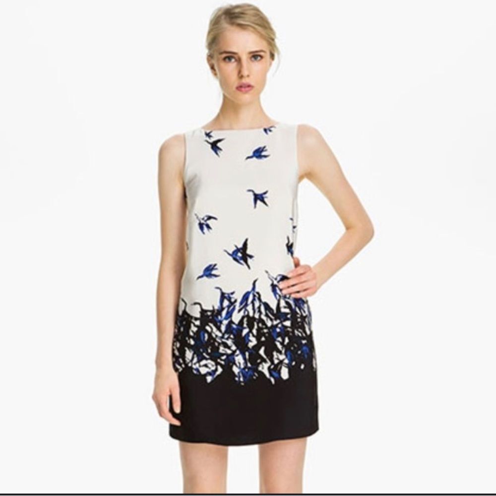 TIBI New York, SILK Shift Dress, Cream with ombré, Flying Crane pattern, Size 8